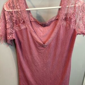 POL Pink Lace-Trim V-Neck Tee